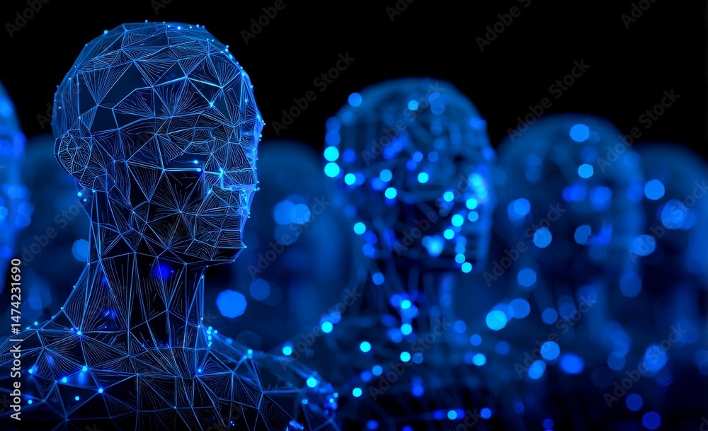 Poster in a virtual environment, humanoid figures composed of blue data streams exist digitally