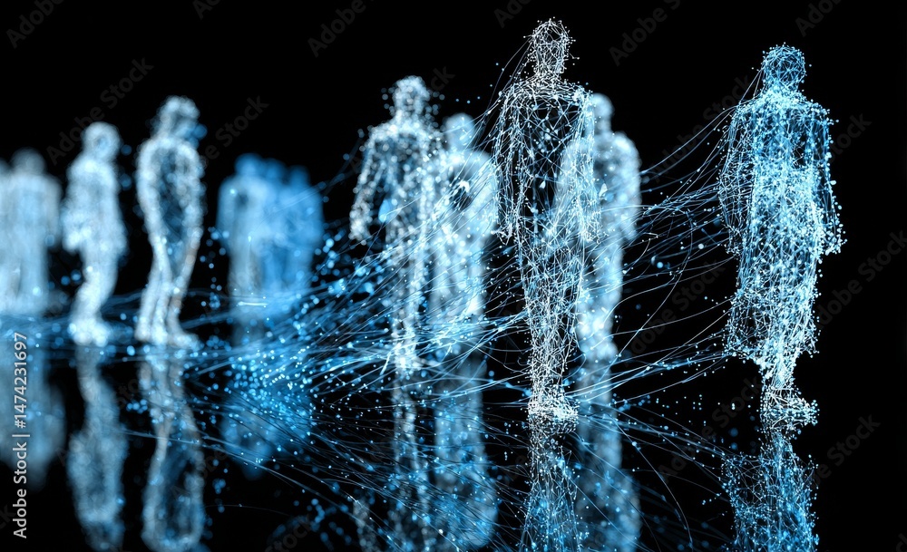 Poster digital humanoid forms are constructed from streams of blue data within an environment that is virtu