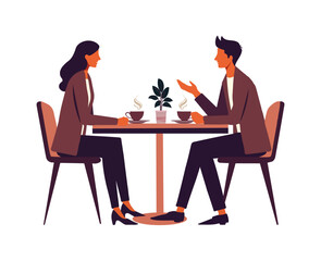 A warm illustration of friendship and conversation over cups of coffee.