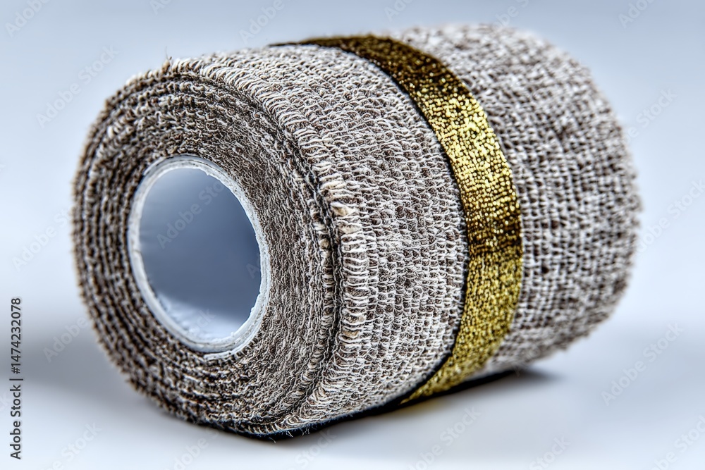 Poster Roll of beige fabric with a golden stripe displayed on a neutral background in a well-lit setting