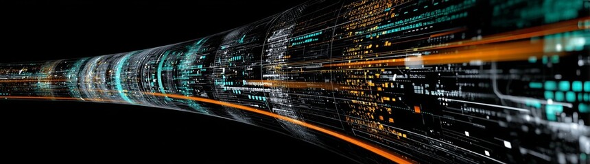 A digital concept of surreal nature features light veins in a virtual setting that are breaking apart into data shards