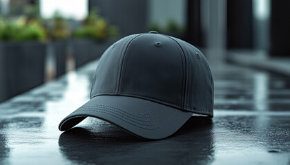 Close-up view of plain black cap for mockup display