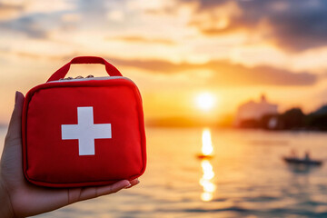 A hand holding a first aid kit with a white cross symbol on a red cloth bag at sunset background. Emergency equipment, medical care and lifeguard concept. Close-up subject shot for poster, banner