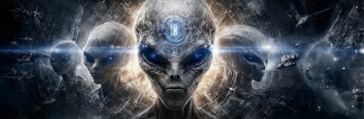 Aliens characterized by elongated heads and dark sleek bodies are positioned against a comic backdrop with a dark and eerie environmental setting reminiscent of an alien invasion or science fiction