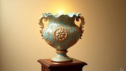 A large vase elegantly placed on a wooden table, showcasing its design against a natural backdrop