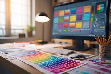 Creative workspace with color palettes and computer