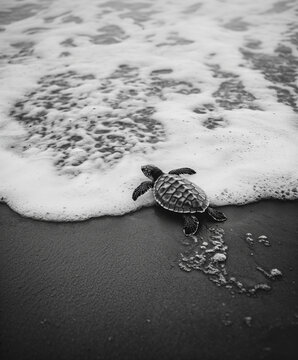 Baby Sea Turtle on the Beach Approaching the Waves