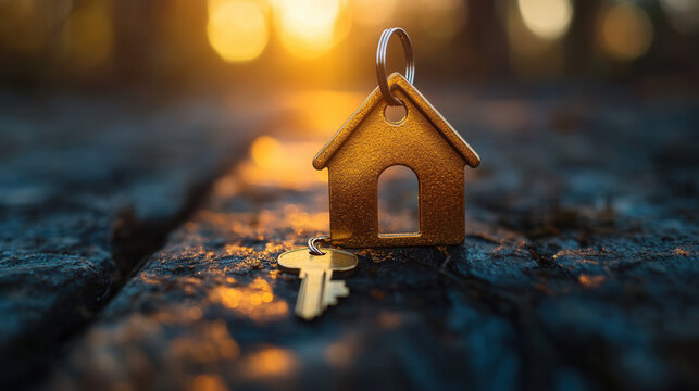 small house-shaped keychain with golden key hanging from it, keyhole visible 