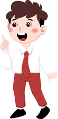 Indonesian elementary school, Joyful Young Boy in Red Pants, White Shirt, and Red Tie, Pointing Up