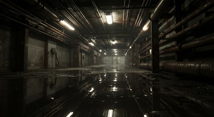 Industrial Tunnel with Pipes and Water Reflection