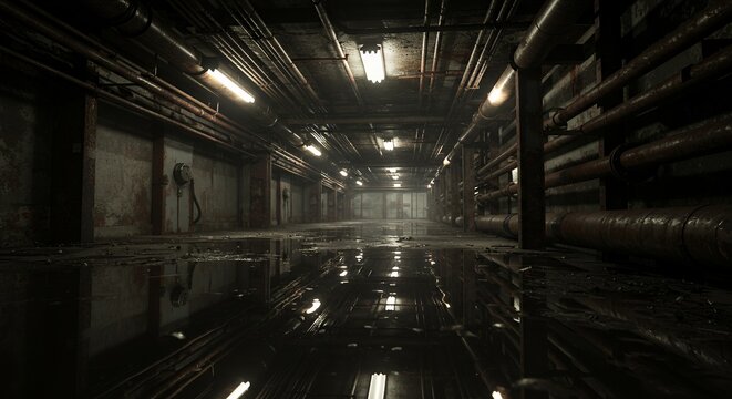 Industrial Tunnel with Pipes and Water Reflection