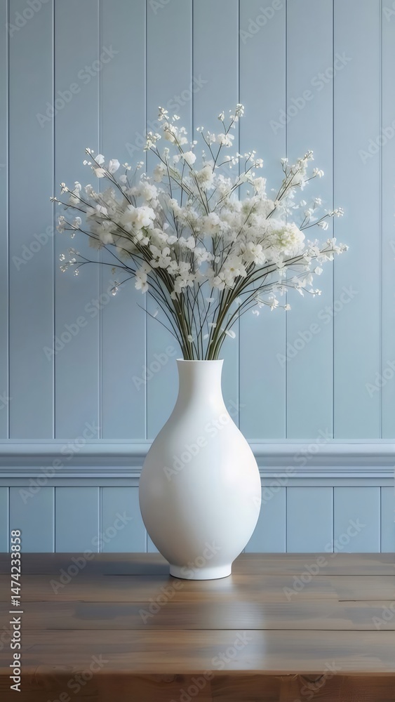Aufkleber 木製テーブルの上の白い花瓶に白い花が飾られた静物画 青色の壁の背景 エレガントでミニマリストな屋内装飾 花瓶のセラミック素材を強調