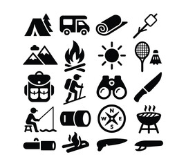 A collection of camping and outdoor activity icons in black on a white background showing equipment