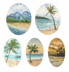 Tropical beach watercolor set.