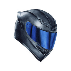 Motorcyclist helmet with blue visor. Safety headgear for biker. Moto gear moto accessory, crash helmet. Watercolor illustration isolated from background for motorcycle store, web design, postcards. © Yulia Kapura