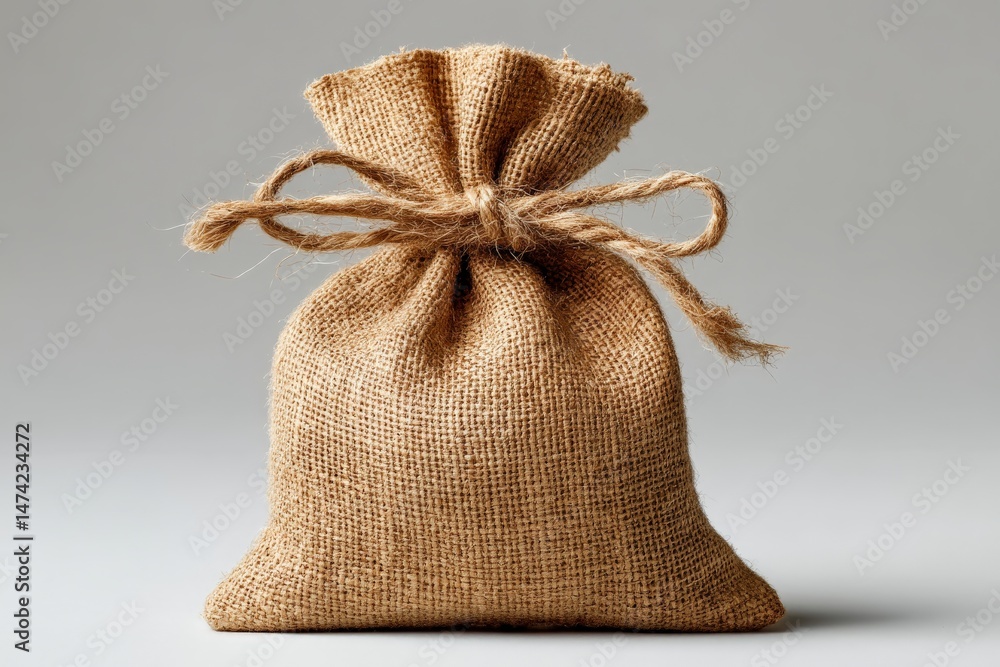 Poster small burlap sack tied with twine, showcasing a rustic and simple design ideal for storage or decora