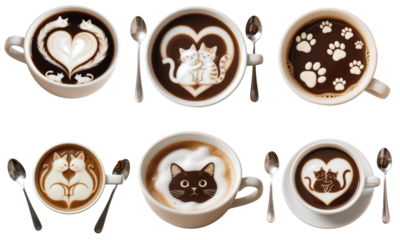 Set of 6 Cute Animal Latte Art Designs – Coffee Cups with Cat, Paw, and Heart Patterns