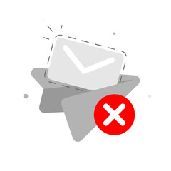 Paper plane with envelope silhouette and red cross. failed message delivery or undelivered email. Flat illustration for error, message failure, connection problem, or communication issue concepts