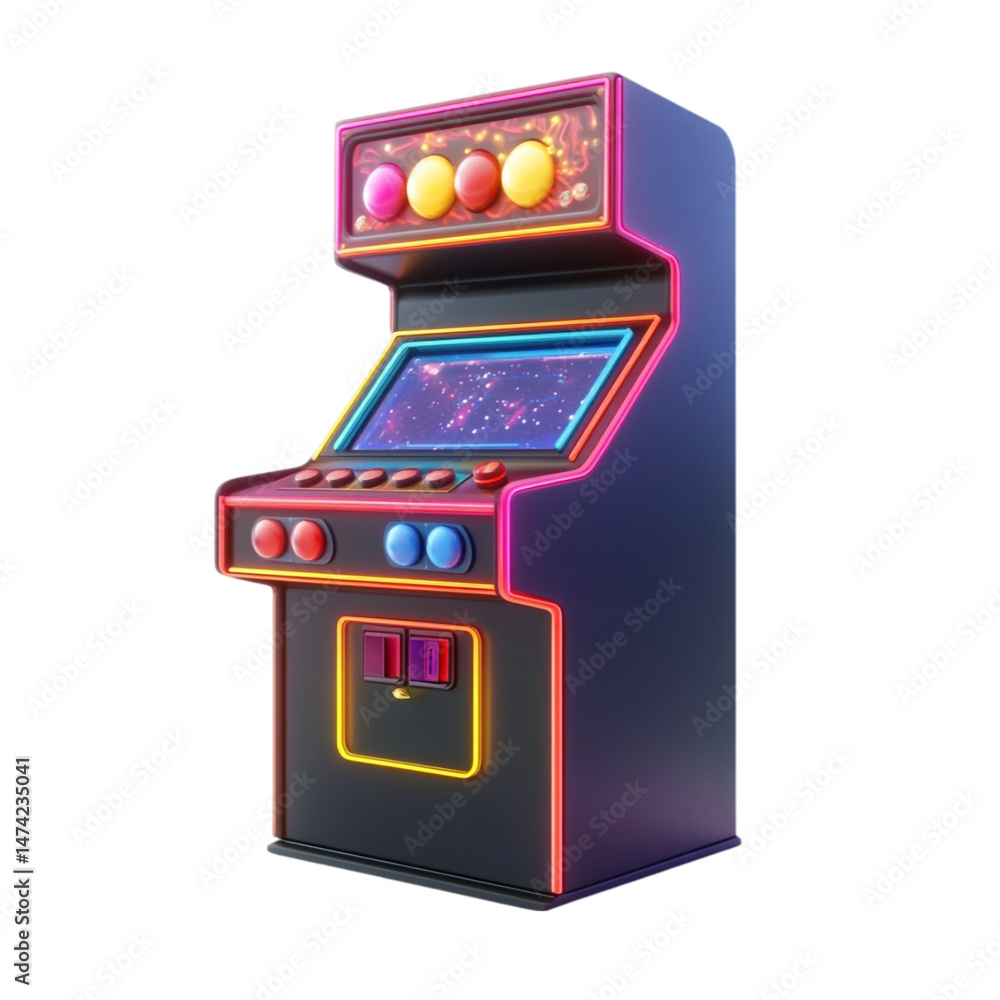 Poster retro arcade game machine vibrant neon lights colorful screen buttons joystick
