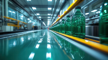 Fototapeta premium row of green glass bottles on conveyor belt in a factory industrial bottling process 