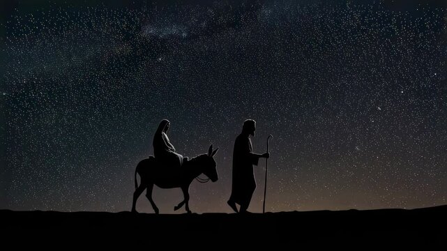 Joseph Virgin Mary on a donkey. Christian religious illustration, background, banner. Advent event	