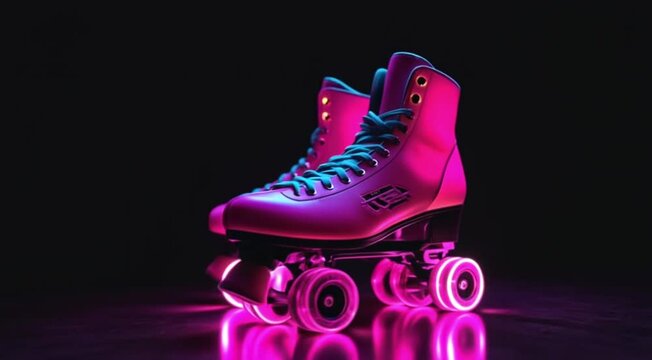 Stylish neon pink roller skates lit up with glowing wheels against a dark backdrop