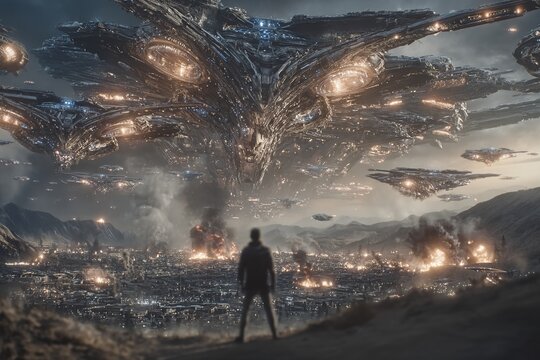 At night, a photo captures a UFO, an alien spaceship, as several people gaze at it in fascination, contemplating contact with extraterrestrial civilizations