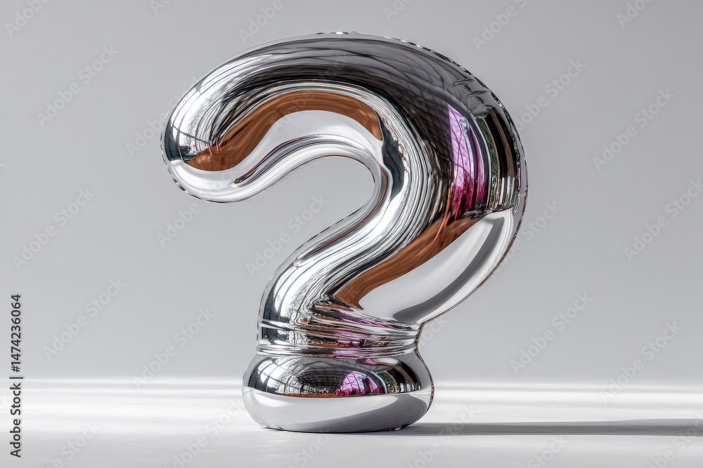 Poster reflective metallic question mark sculpture displayed against a minimalist background with soft ligh