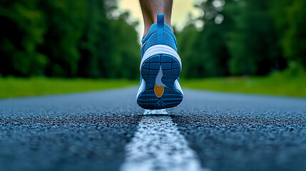 Runners feet with forest path, and sunrise.