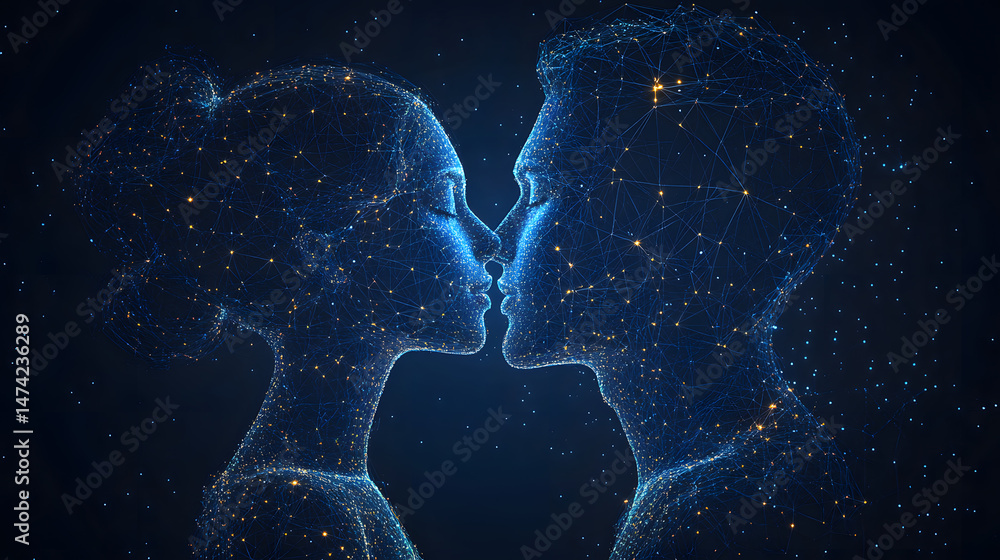 Aufkleber conceptual digital illustration of a couple connected by glowing blue lines, symbolizing modern rela