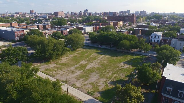 Urban undeveloped plot surrounded by residential buildings.