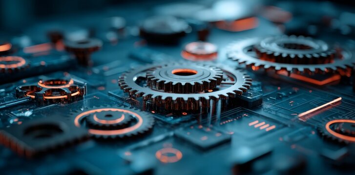 A gears icon reflected on a digital display represents the integration of digital transformation, robotic process automation, and optimized business process workflow management