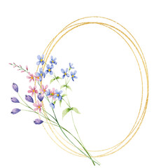 Wild flowers gold wreath. Watercolor hand drawing floral frame with place for text. Isolated on white background.	