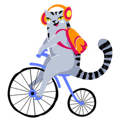 Striped Cat Logo Mascot on retro penny-farthing bike 
