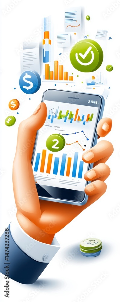 Poster data visualization business analysis mobile device digital environment hand perspective financial in