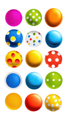 Colorful Polka Dot Buttons: A collection of sixteen vibrant buttons, each exhibiting unique colors and polka dot patterns, ideal for crafting, design, and digital projects. 