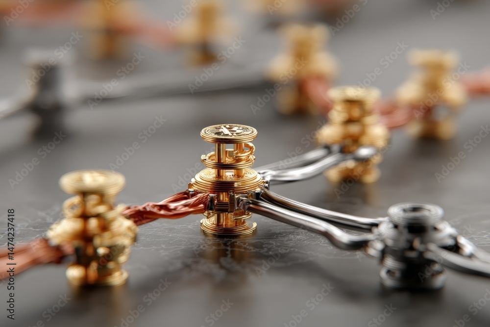 Aufkleber intricate network of connections featuring detailed gold and silver components on a dark surface in 