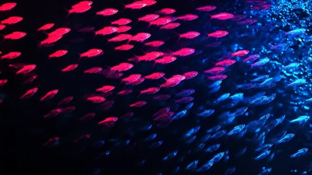 Neon Tetra School: A mesmerizing ballet of vibrant fish swimming in a deep, dark abyss