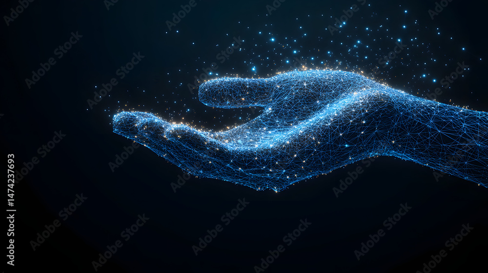 Aufkleber Futuristic digital hand composed of interconnected blue lines and glowing nodes. Represents advanced technology and innovation. Captivating abstract imagery. Abstract wireframe in dark blue