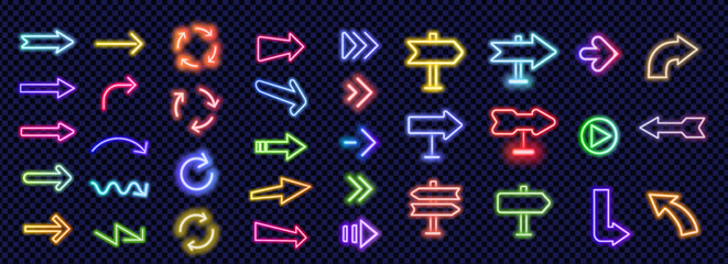 Neon arrow signs set. Collection of colorful neon arrows, web icons on black background. Banner design, bright advertising signboard elements. Vector illustration.