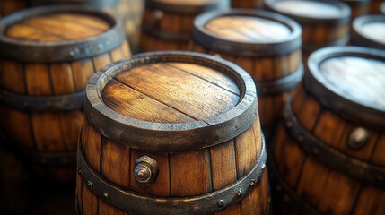 Fototapeta premium a close-up of wooden barrels stacked vertically, showcasing the wine aging process 