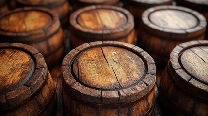 Fototapeta premium a close-up of wooden barrels stacked vertically, showcasing the wine aging process 