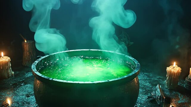 Mysterious bubbling cauldron with glowing green potion amidst candlelit ambiance