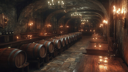 a close-up of wooden barrels stacked vertically, showcasing the wine aging process 