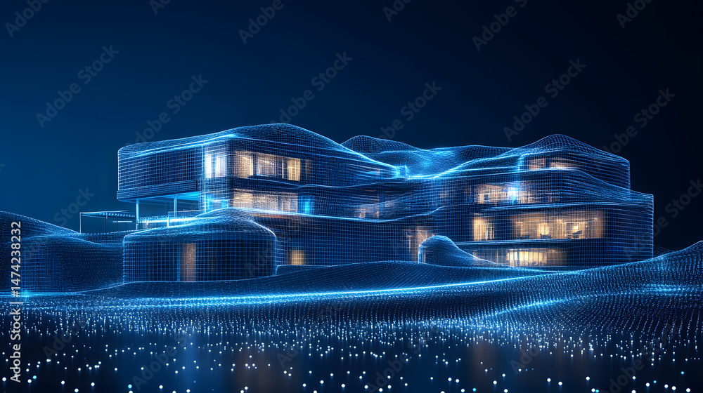 Aufkleber Futuristic building illustration with glowing blue wireframe on wavy terrain. Golden light patches hint at the interior, set in a digital blue simulated environment. Abstract wireframe in dark blue.