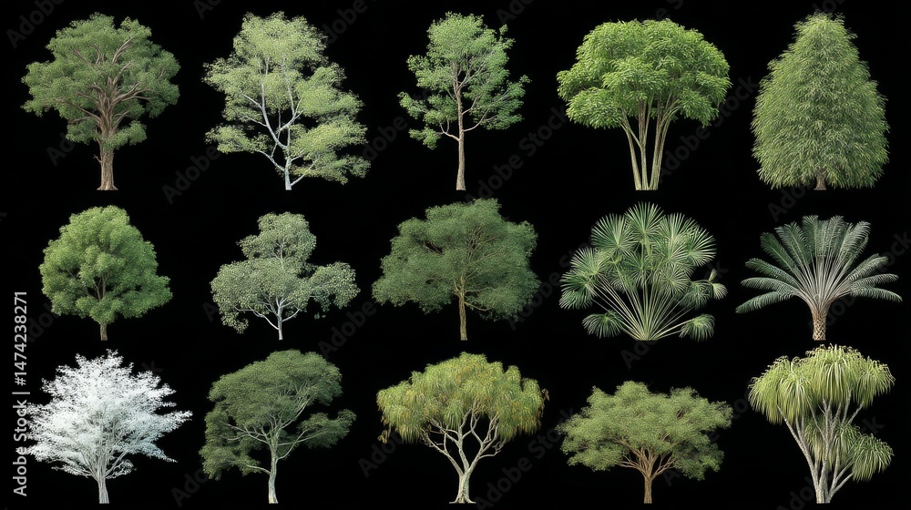 Aufkleber this compilation showcases a range of 3d rendered trees with diverse foliage and shapes for virtual 
