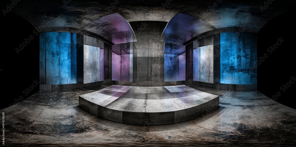 Poster a fully immersive 360-degree spherical panorama of a futuristic sci-fi setting with neon lights, pre