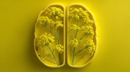 The theme of world mental health awareness day is depicted with a human brain and flowers on a yellow background