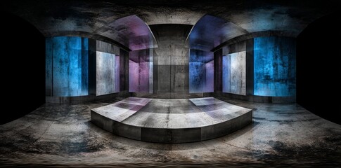 A fully immersive 360-degree spherical panorama of a futuristic sci-fi setting with neon lights, presented as a 3D render illustration in HDR and HDRI formats for VR design