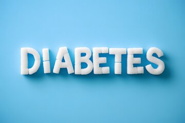 The word diabetes spelled with sugar cubes on a vibrant blue background